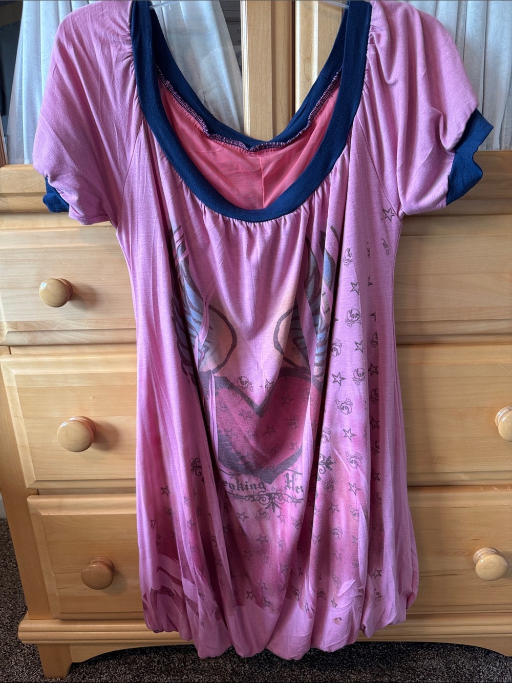 Pink Graphic Short-Sleeve Tunic with Navy Trim
